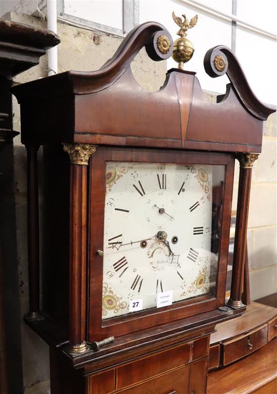 William Bullock, Bath. An early 19th century oak and mahogany eight day longcase clock, with white enamelled dial, H.218cm